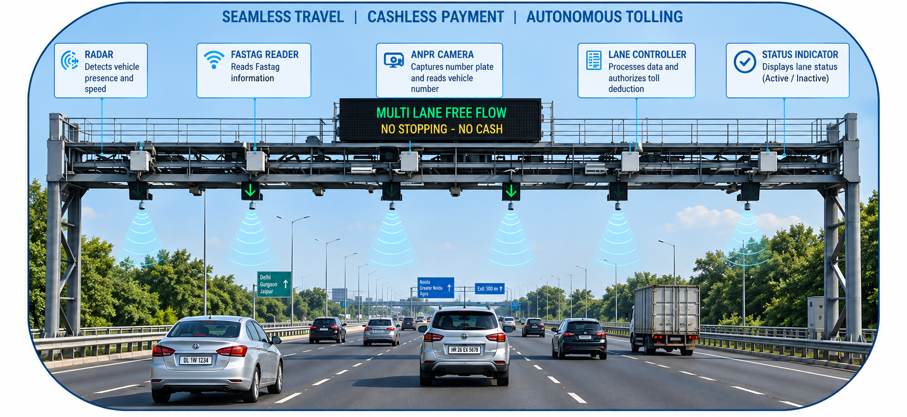 Multi-lane highway with barrierless tolling gantry and moving vehicles